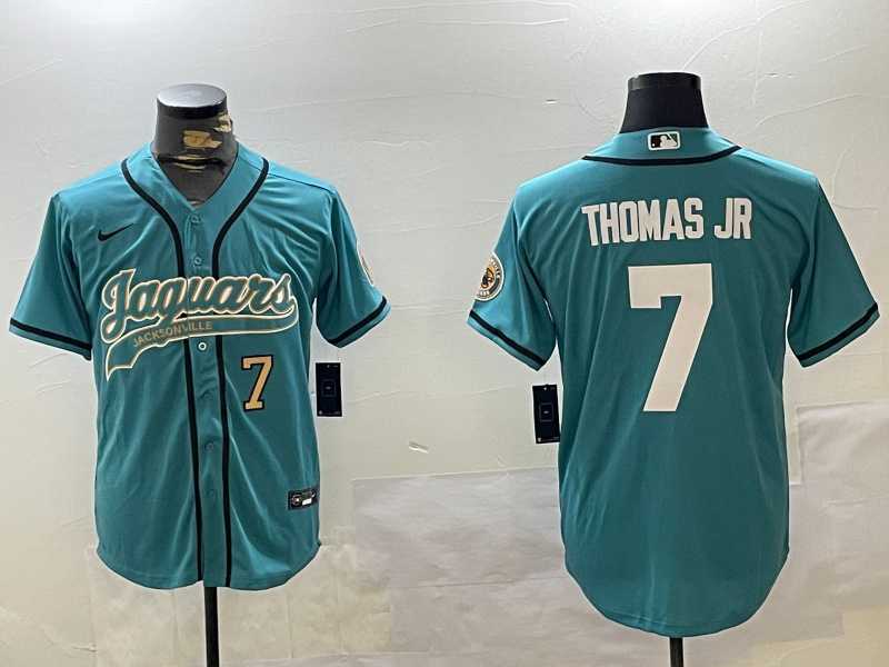 Mens Jacksonville Jaguars #7 Brian Thomas Jr Teal With Patch Cool Base Stitched Baseball Jerseys